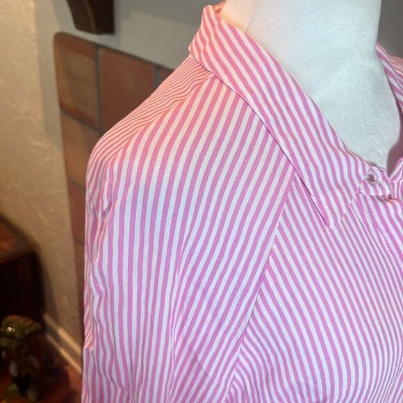 A Loves A Pinstripe Pink and White Striped Tiered Midi Shirt Dress, size L - Picture 5 of 10